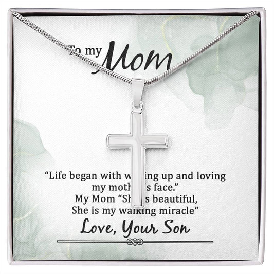 Stainless Cross for Mom - She Is Beautiful, My Walking Miracle